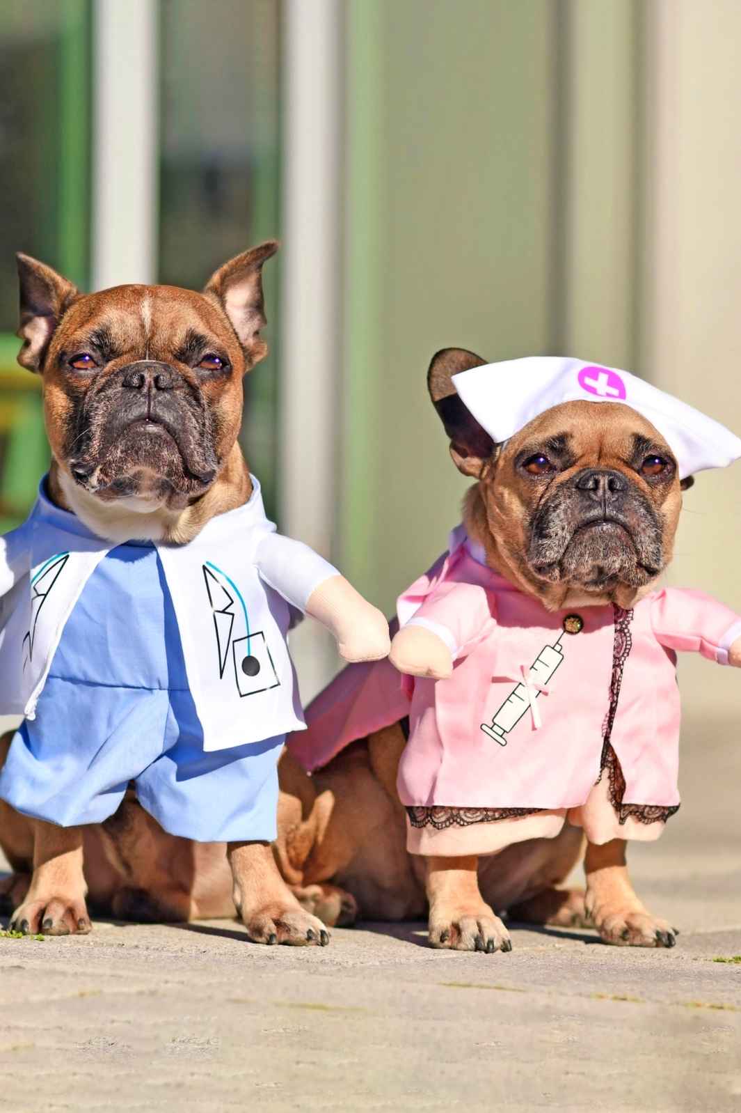 Adorable French Bulldogs dressed up as a Doctor and Nurse, celebrating Take Your Pet to Work Week.