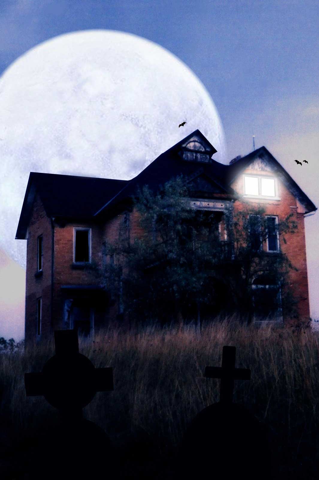 Large moon covering a Victorian house on a haunted hill on all Hallows Eve.