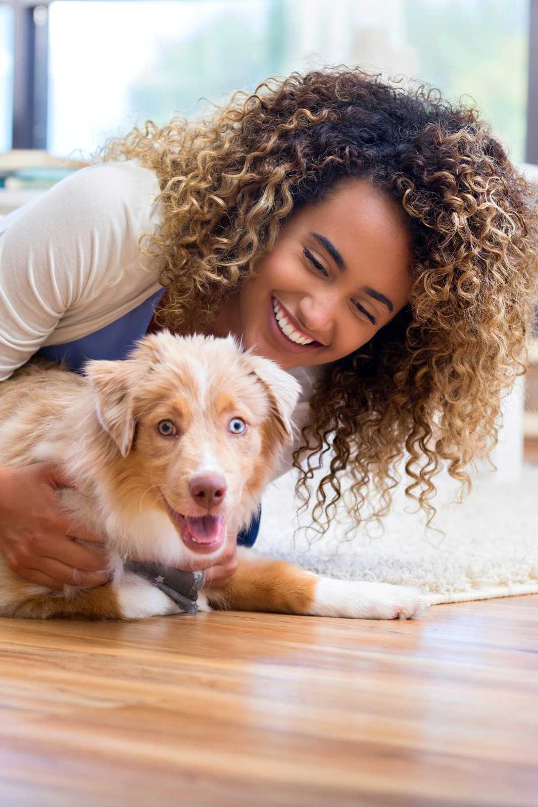 Young mixed race woman training her adorable puppy at home.
