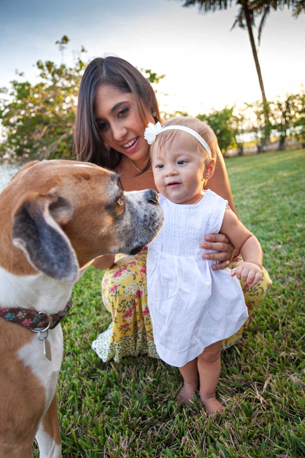Young woman with her baby girl, connecting with their dog in the park, bonding.
