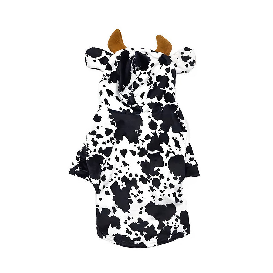 Back of the adorable Cow Halloween Dog Costume from online dog clothing store they made me wear it.
