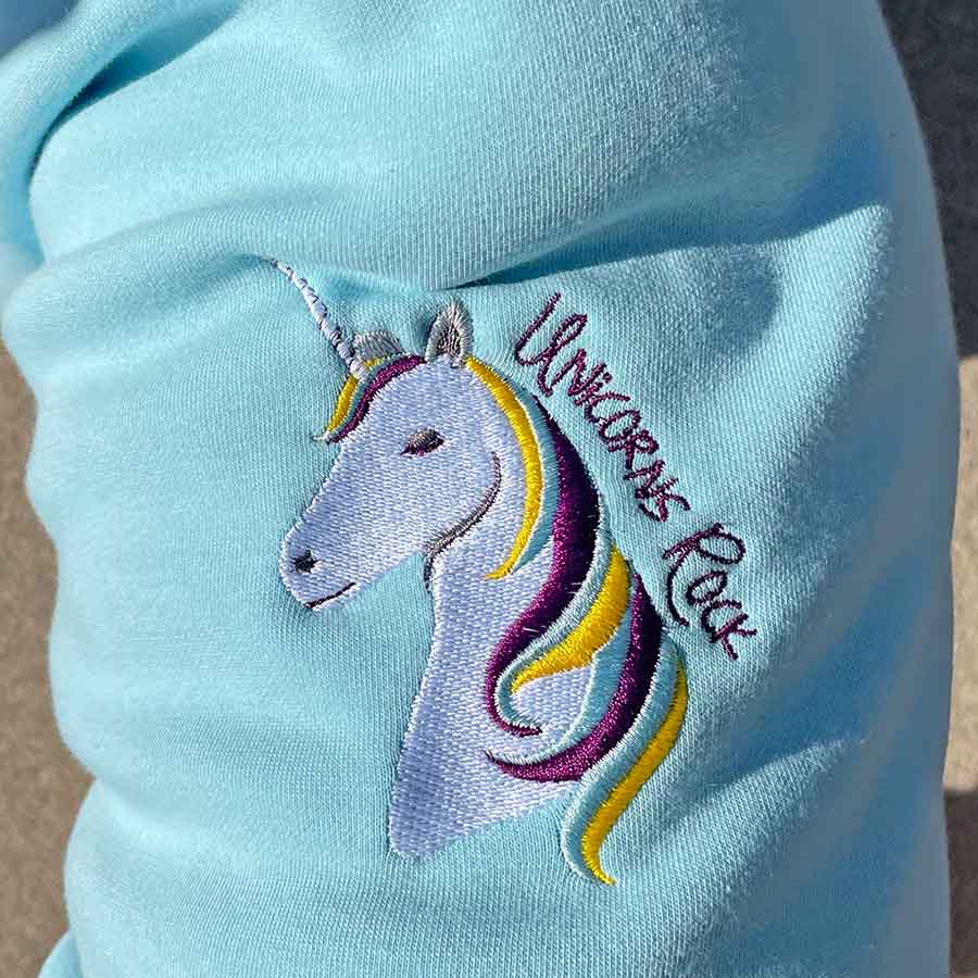 Close up of the fine needlework on the Baby Blue Embroidered Unicorn Dog Hoodie from online dog clothing store they made me wear it.