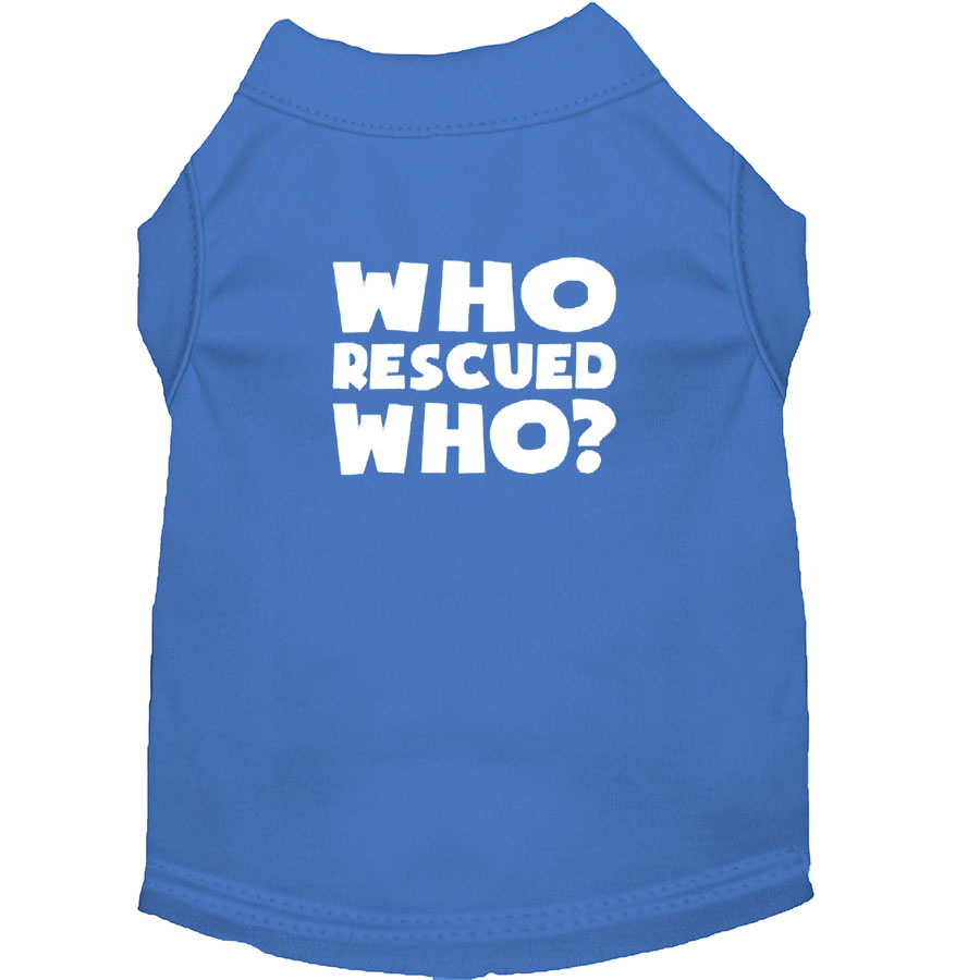 Back of the Cosmic Blue Who Rescued Who Dog Tee from online dog clothing they made me wear it.