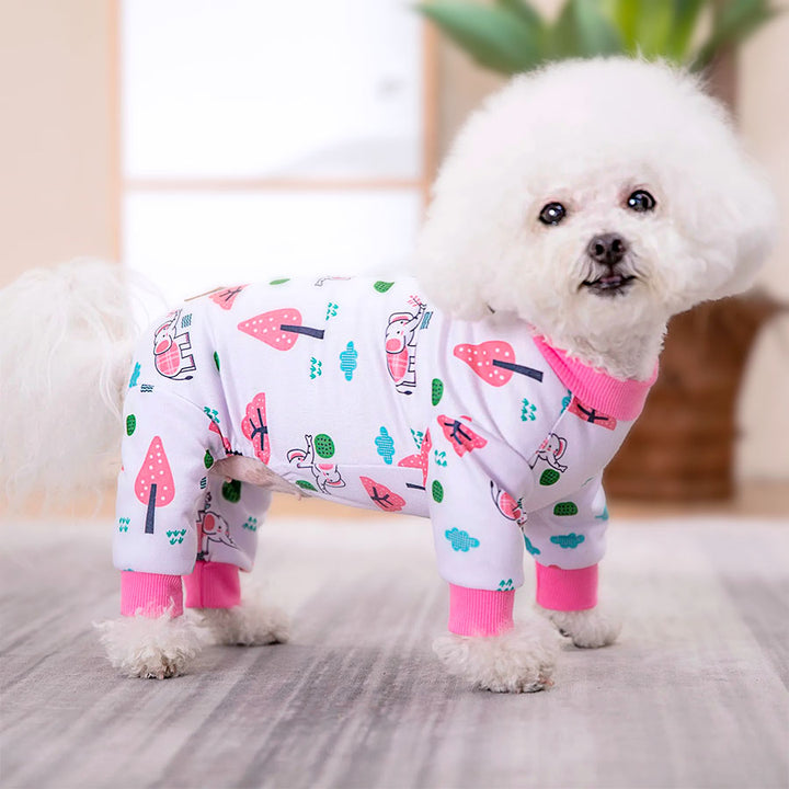 Bichon Frise standing up on a rug wearing the Elephant Doggy Onesie from online dog clothing store they made me wear it.