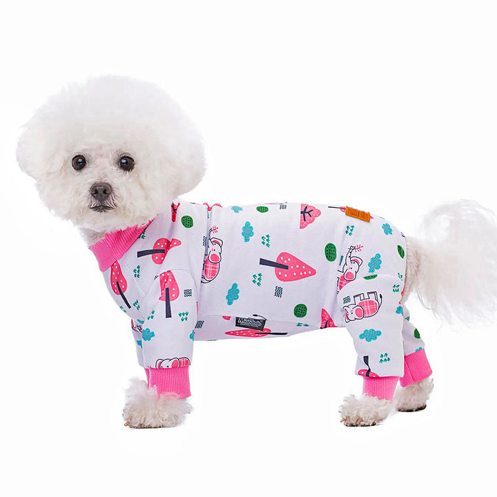 Bichon Frise standing up wearing the Elephant Doggy Onesie from online dog clothing store they made me wear it.
