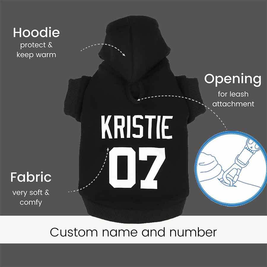 Customize the back of the Personalized Dog Hoodiewith your dog's name and lucky number from online dog clothing store they made me wear it.