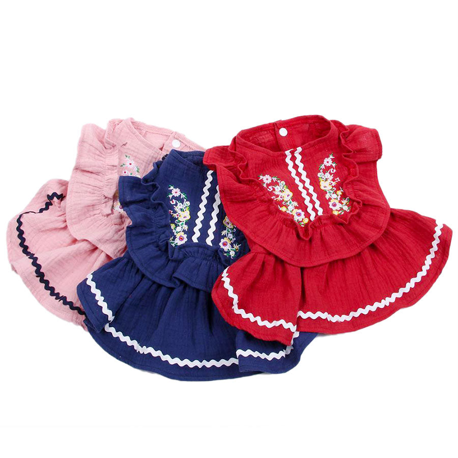 Embroidered Traditional Mexican Fiesta Dog Dress available in 3 different shades: rojo, rosa y azul from online dog clothing store they made me wear it.