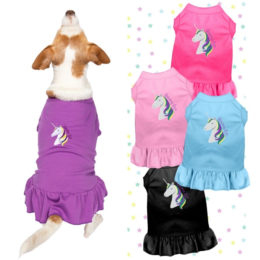 Embroidered Unicorn Dog Dress from online dog clothing store they made me wear it. Available in 5 different colors: Violet, Pastel Blue, Rose, Wildberry and Licorice.