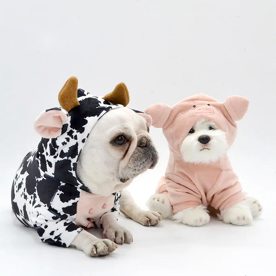 French Bulldog laying down and wearing the adorable Cow Halloween Dog Costume, sitting next to a small dog wearing the Piglet Dog Hoodie from online dog clothing store they made me wear it.