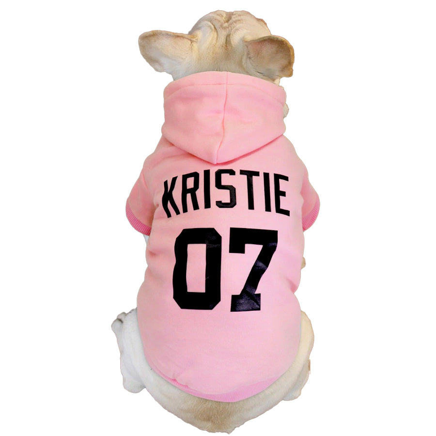 French Bulldog wearing the Blush Personalized Dog Hoodie from online dog clothing store they made me wear it.