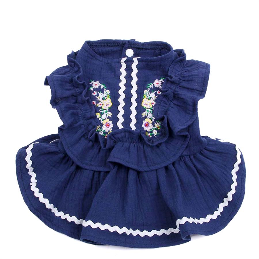 Front of the embroidered Traditional Mexican Fiesta Dog Dress in azul from online dog clothing store they made me wear it.