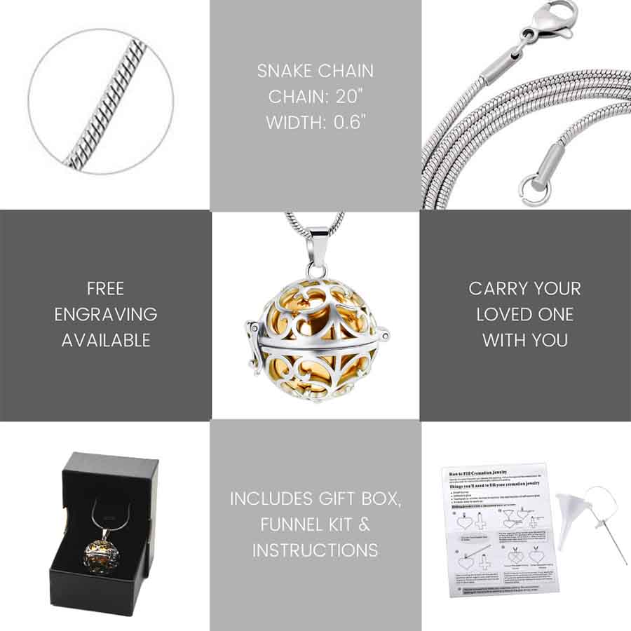 Our memorial keepsake jewelry includes a 20-inch snake chain, gift box and funnel kit to safely insert ashes.