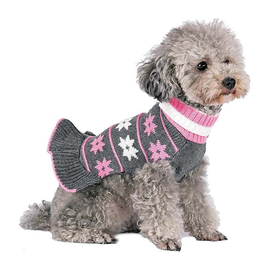 Gray Bichon sitting down and wearing the adorable Snowflake Sweater Dog Dress in Heather Gray from online dog clothing store they made me wear it.