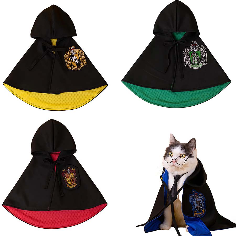 Harry Pupper Hufflepup, Slytherhound, Gryffindog Dog Costume and cat wearing a Harry Pupper Ravenpaw Cat Costume with Reading Glasses from online dog costume shop they made me wear it.