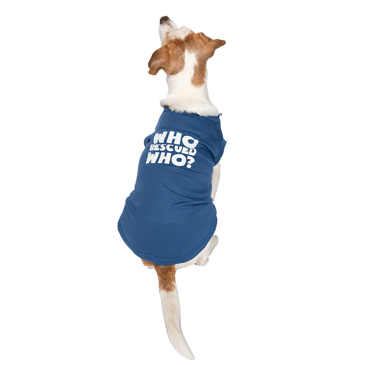 Jack Russell Rat Terrier showing off the back of the Cosmic Blue Who Rescued Who Dog Tee from online dog clothing they made me wear it.