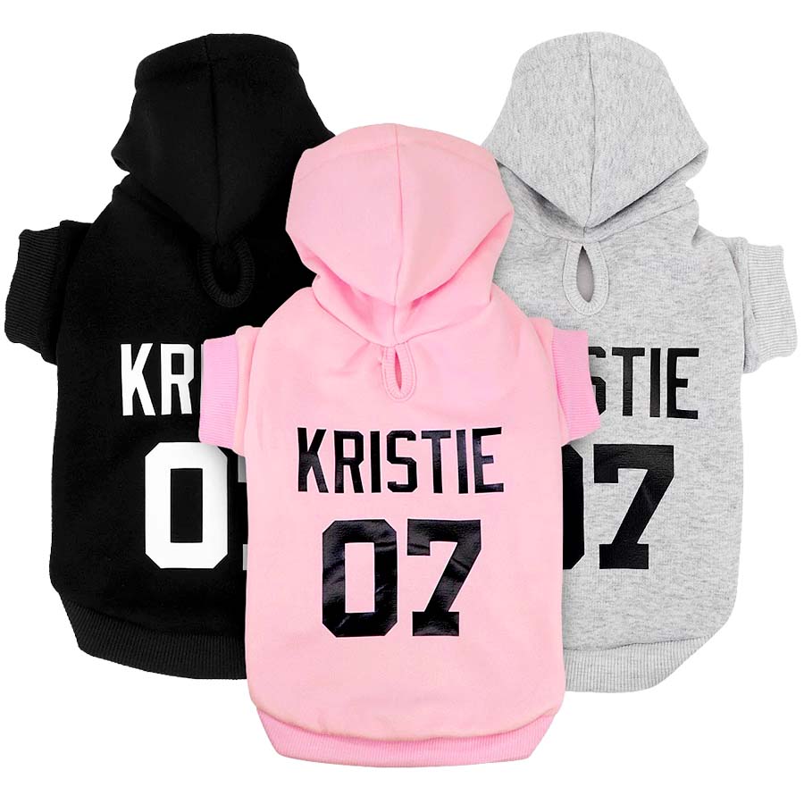 Personalized Dog Hoodie available in 3 colors: ebony, blush and neutral gray from online dog clothing store they made me wear it.