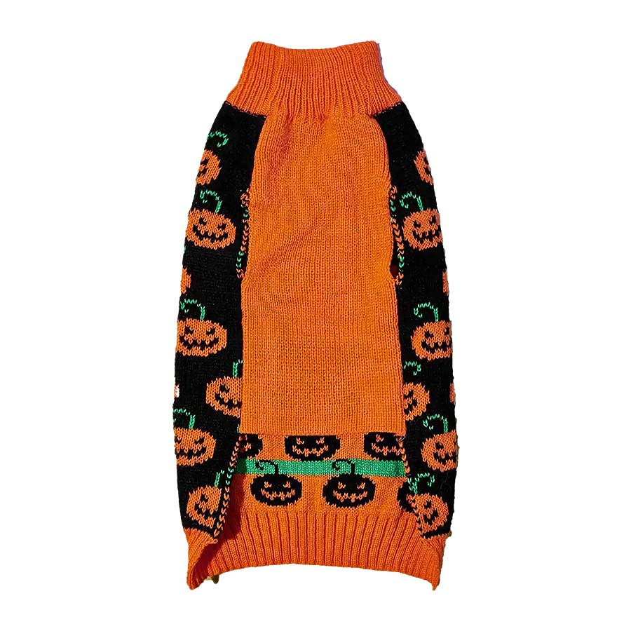 Front view of the adorable Pumpkin Dog Sweater from online clothing store they made me wear it.