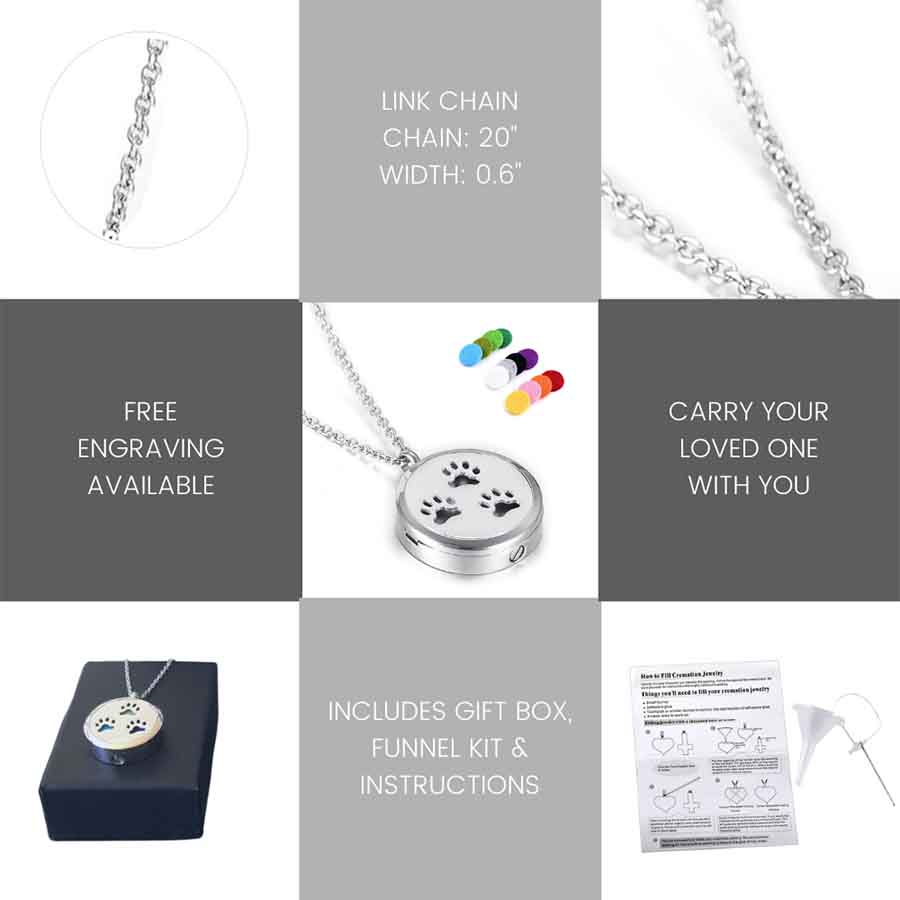 Our memorial keepsake jewelry includes a 20-inch link chain, gift box and funnel kit to safely insert ashes.