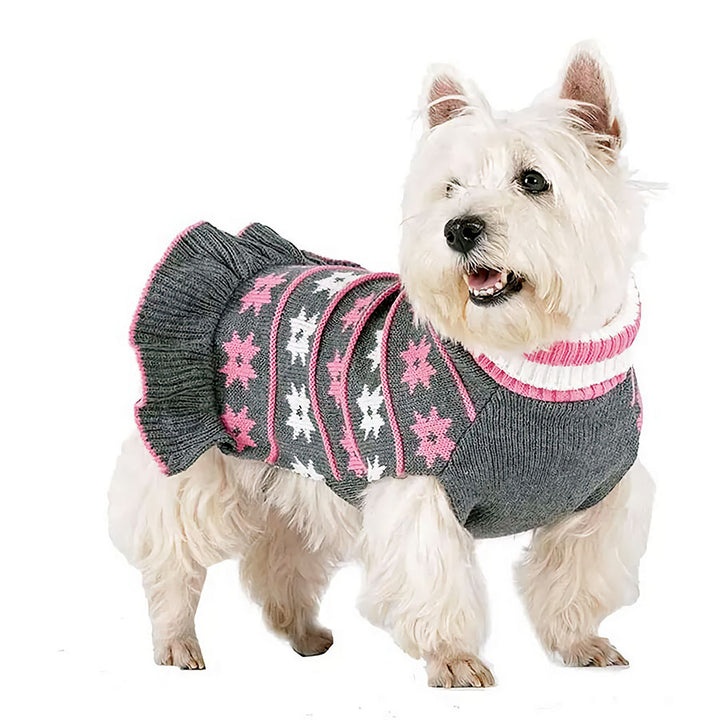 Westie standing up and wearing the adorable Snowflake Sweater Dog Dress in Heather Gray from online dog clothing store they made me wear it.