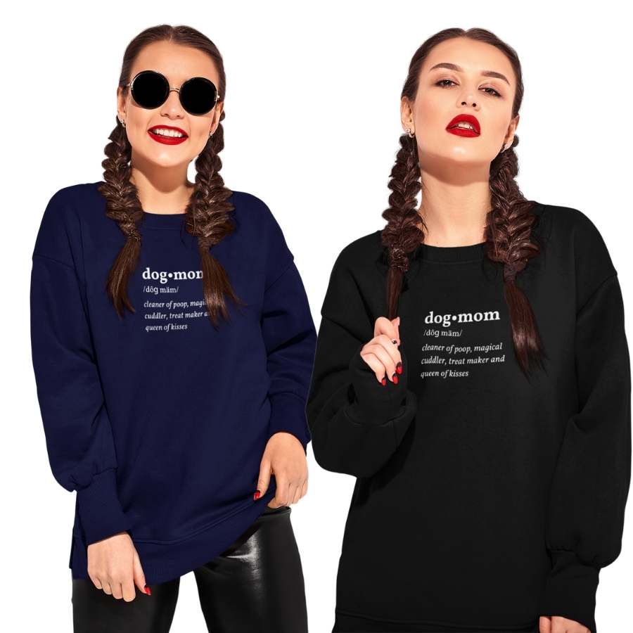 Young woman with braids and sunglasses, rocking the Navy and Black Dog Mom Defined Crewneck Sweatshirts from online outerwear and activewear clothing store for pet parents, they made me wear it.