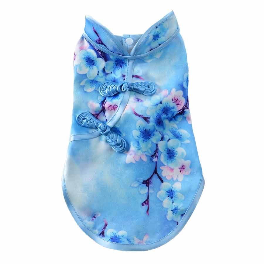 Azure Traditional Qipao Chinese Cheongsam Dog Dress from online posh puppy boutique they made me wear it. The perfect dog dress or traditional costume for a Toy Poodle, Yorkshire Terrier, Chihuahua, Havanese and other small dog breeds.