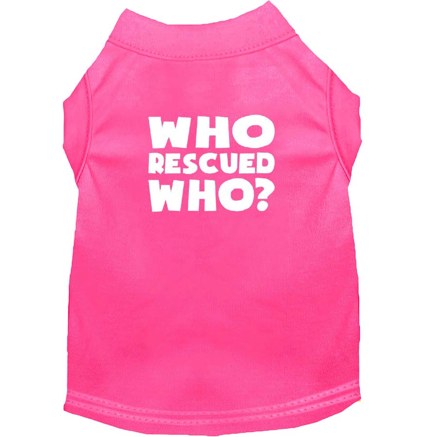 Back of the Hot Pink Who Rescued Who Dog Tee from online dog clothing they made me wear it.