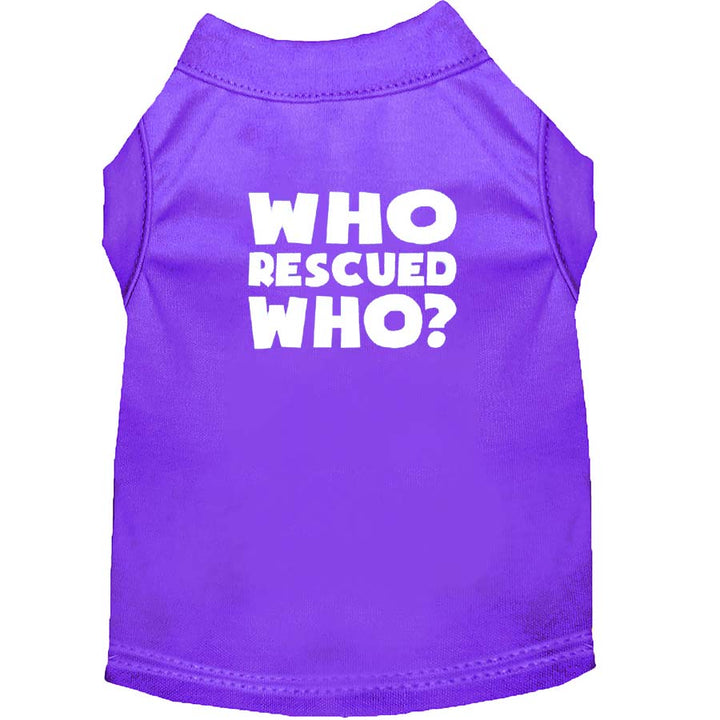 Back of the Lavender Who Rescued Who Dog Tee from online dog clothing they made me wear it.