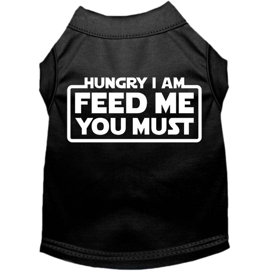 Back of the Hungry I Am Feed Me You Must Black Dog Tee from online dog clothing store they made me wear it.