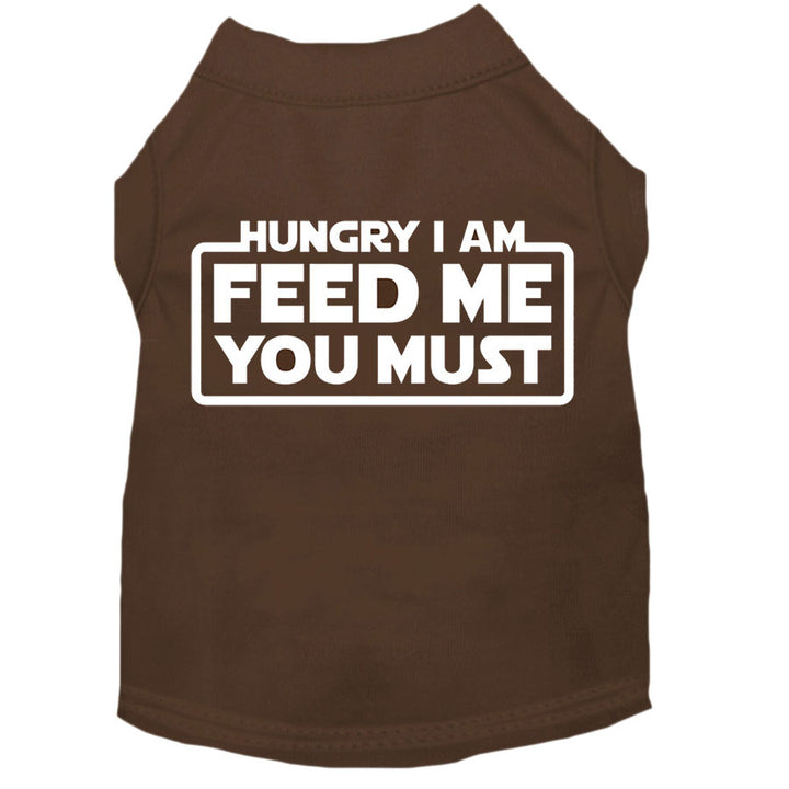 Back of the Hungry I Am Feed Me You Must Mocha Dog Tee from online dog clothing store they made me wear it.