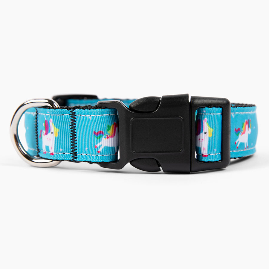 Magical Unicorn Dog Collar in Blue Rose. The perfect collar for medium and large dog breeds. Shop accessories from online dog clothing store they made me wear it.