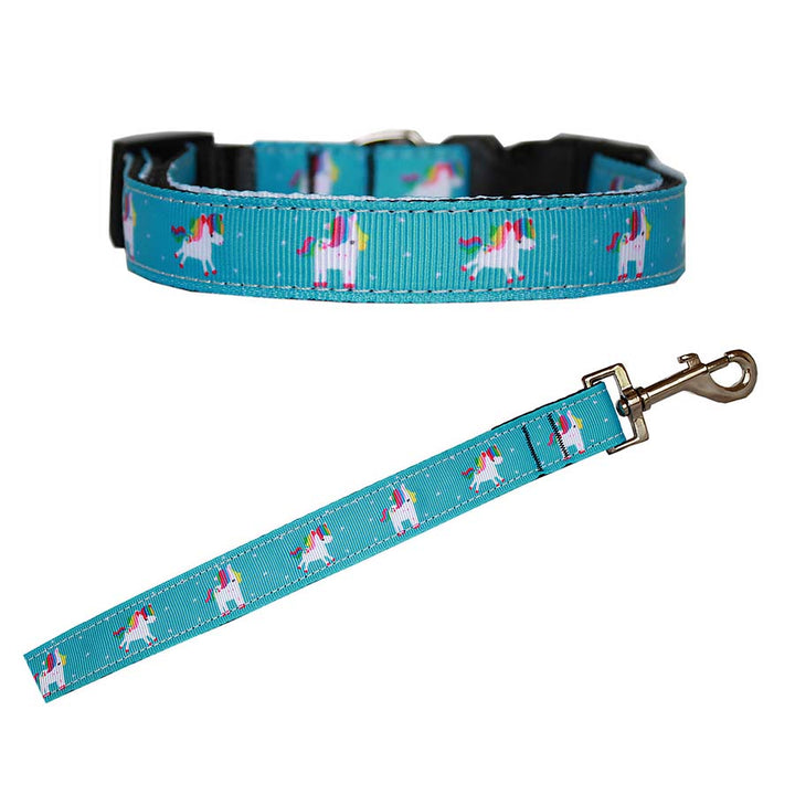The Magical Unicorn Dog Collar & Leash Set in Blue Rose. The perfect collar and leash set for medium and large dog breeds. Shop accessories from online dog clothing store they made me wear it.
