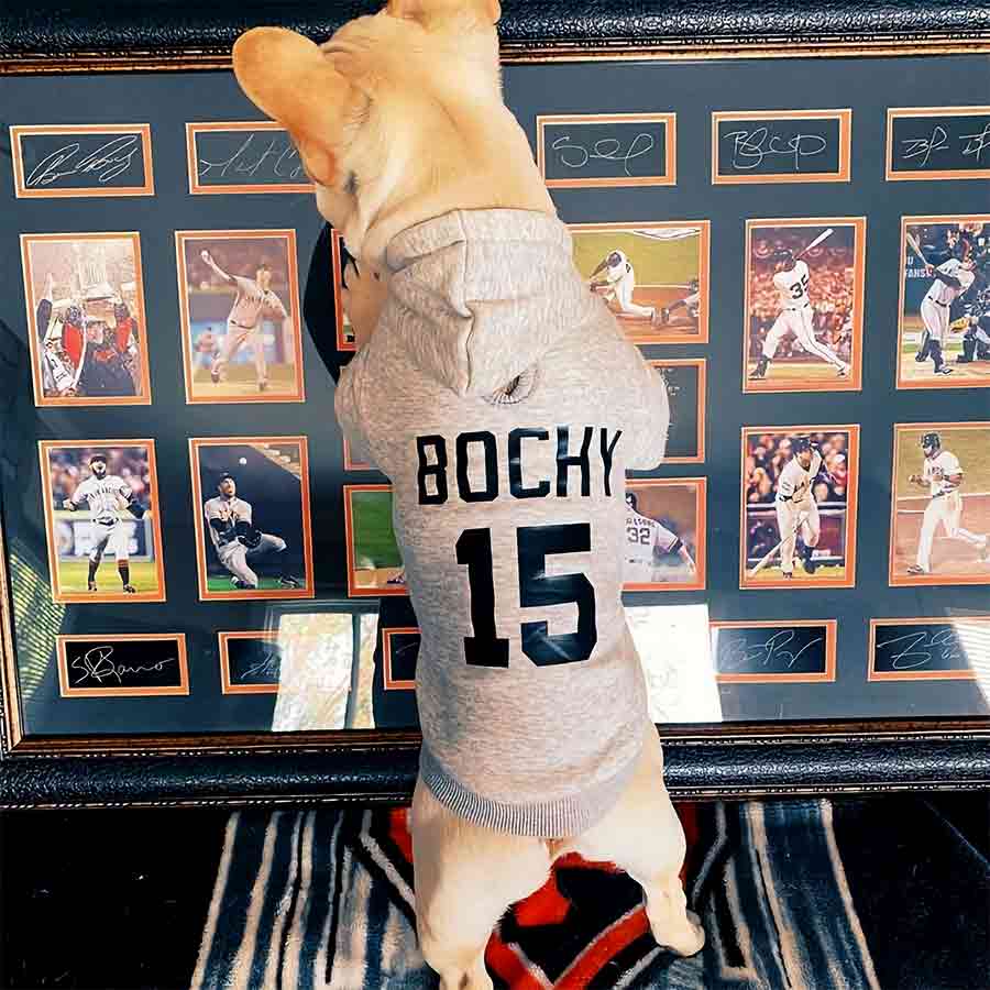 French Bulldog named Bochy or aka @bochythebullie on Instagram is wearing the Personalized Dog Hoodie available in neutral gray. Named after Bruce Bochy retired Professional Baseball Player and former Manager of the San Francisco Giants of Major League Baseball. Customize the hoodie with your dog's name from online dog clothing store they made me wear it.