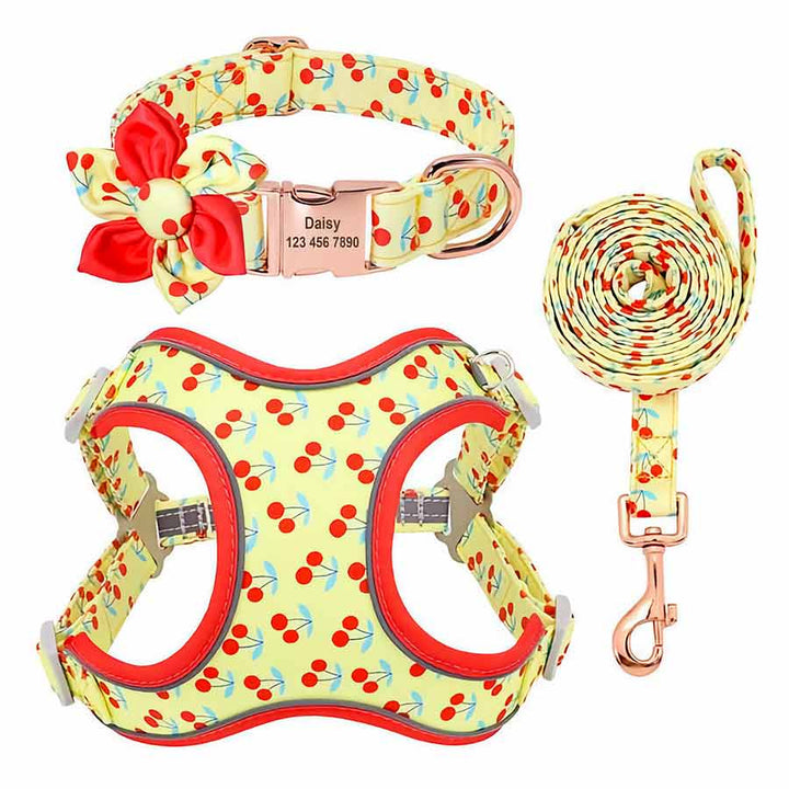 Yummy Dog Matching Harness, Collar & Leash Set available in Cherry Pop print, for small and medium dogs, from online dog clothing store they made me wear it.