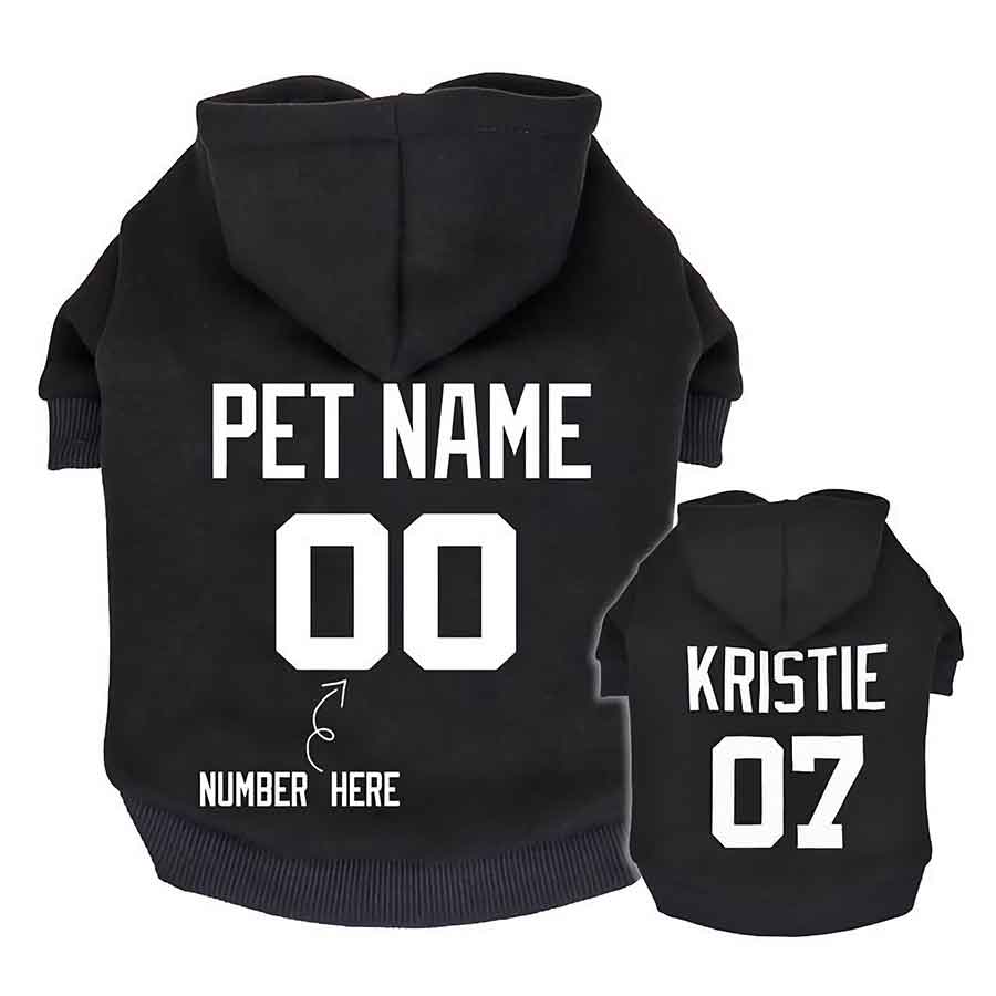 Personalized Dog Hoodie available in Ebony customize the hoodie with your dog's name from online dog clothing store they made me wear it.