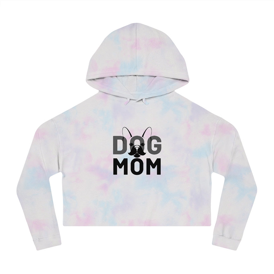 Front of the Tie-Dye Dog Mom Cropped Hoodie from online outerwear and activewear clothing store for pet parents, they made me wear it.