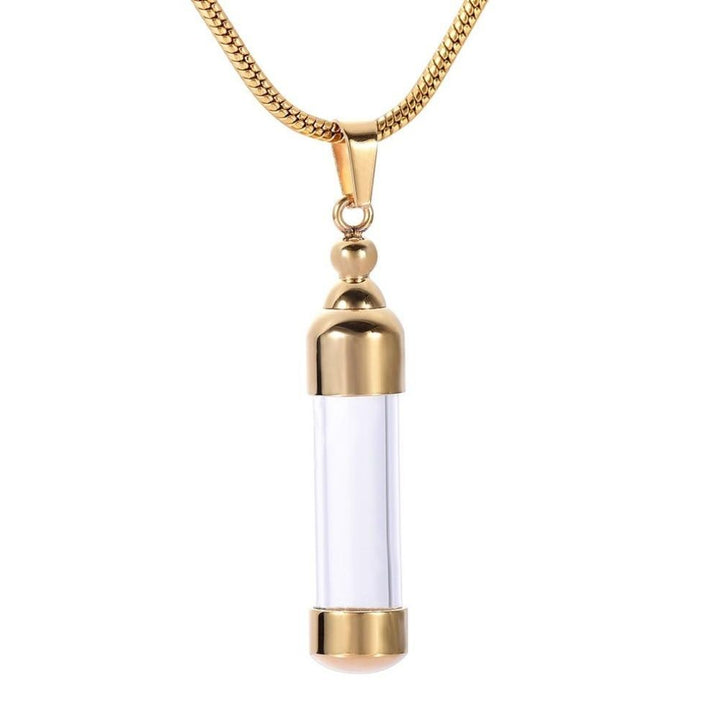 Delicate Gold Capsule Cremation Necklace to memorialize your loved ones forever. Personalized bereavement gifts for family and friends who want a vial to hold a small amount of ashes to remember the loved ones they've lost. Free engraving available from online store they made me wear it.