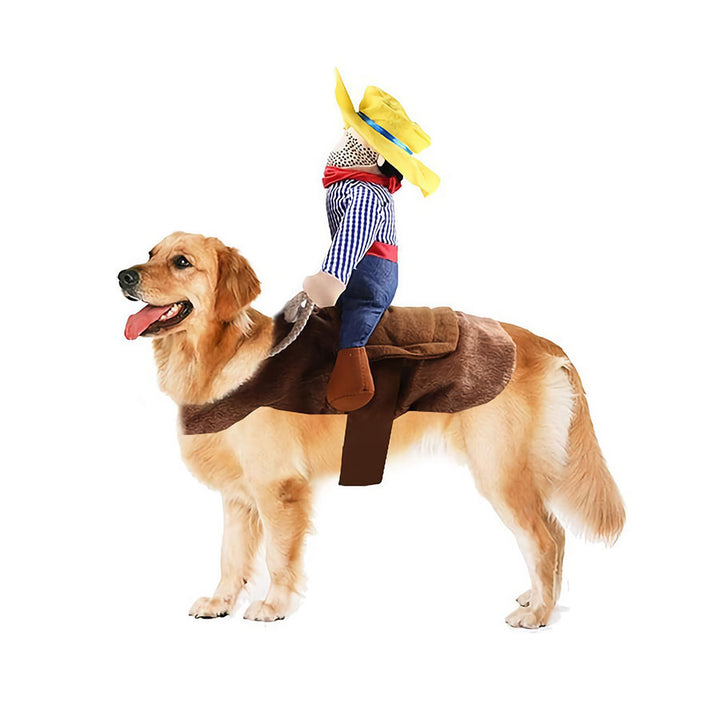 Golden Retriever standing and wearing the Ride’ Em Cowboy Dog Costume from online dog costume shop they made me wear it.it