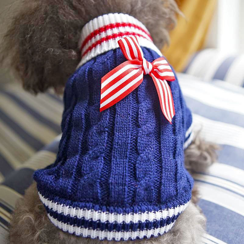 Toy Poodle wearing the Knitted Patriotic Dog Turtleneck in Dark Blue from online dog clothing store they made me wear it.