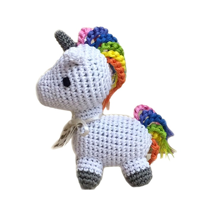 Marshmallow is the softest cotton knit Unicorn Dog Toy, handmade from organic materials and its unique handwoven style makes it fun for your dogs to play while getting the added benefit of cleaning their teeth and gums. Filled with organic cotton and a squeaker to entertain your pup. Available from online dog clothing store they made me wear it.