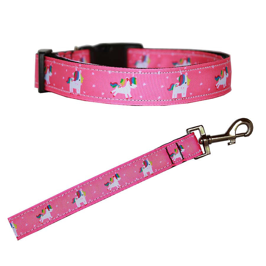 The Magical Unicorn Dog Collar & Leash Set in Party Pink. The perfect collar and leash set for medium and large dog breeds. Shop accessories from online dog clothing store they made me wear it.