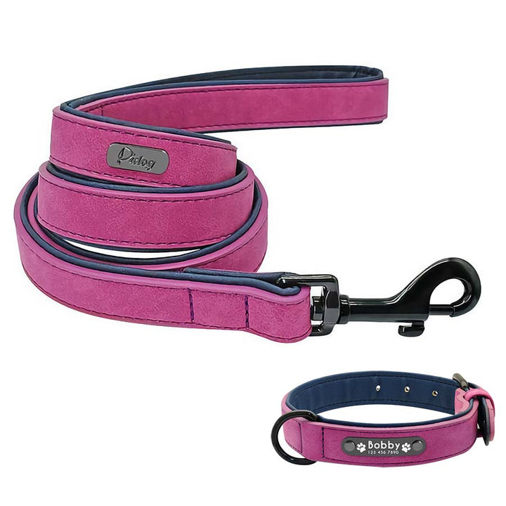 Personalized Leather Dog Collar and Leash Set available in Dragon Fruit from online dog clothing store they made me wear it. Customize the collar with your dog's name and contact number.