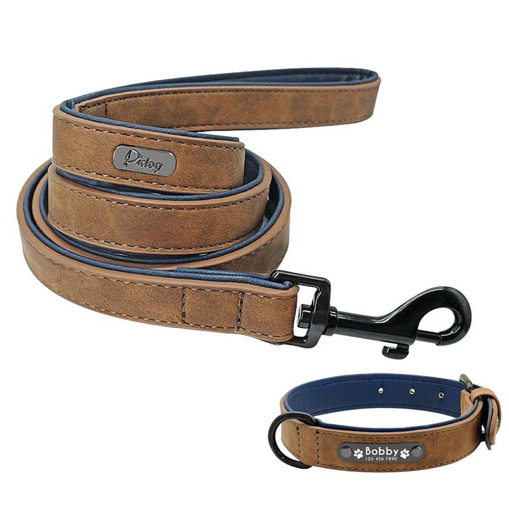 Personalized Leather Dog Collar and Leash Set available in Milk Chocolate from online dog clothing store they made me wear it. Customize the collar with your dog's name and contact number.