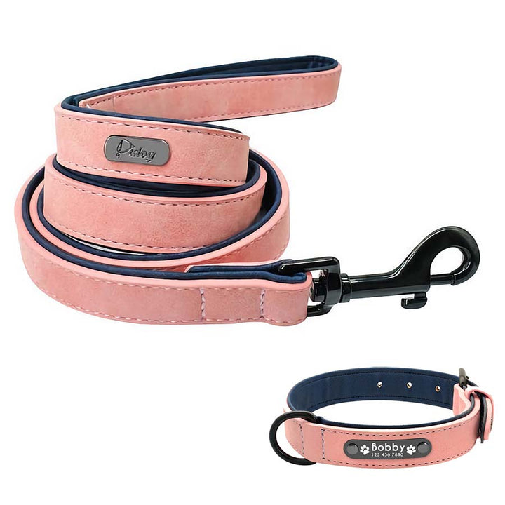 Personalized Leather Dog Collar and Leash Set available in Pink Flamingo from online dog clothing store they made me wear it. Customize the collar with your dog's name and contact number.