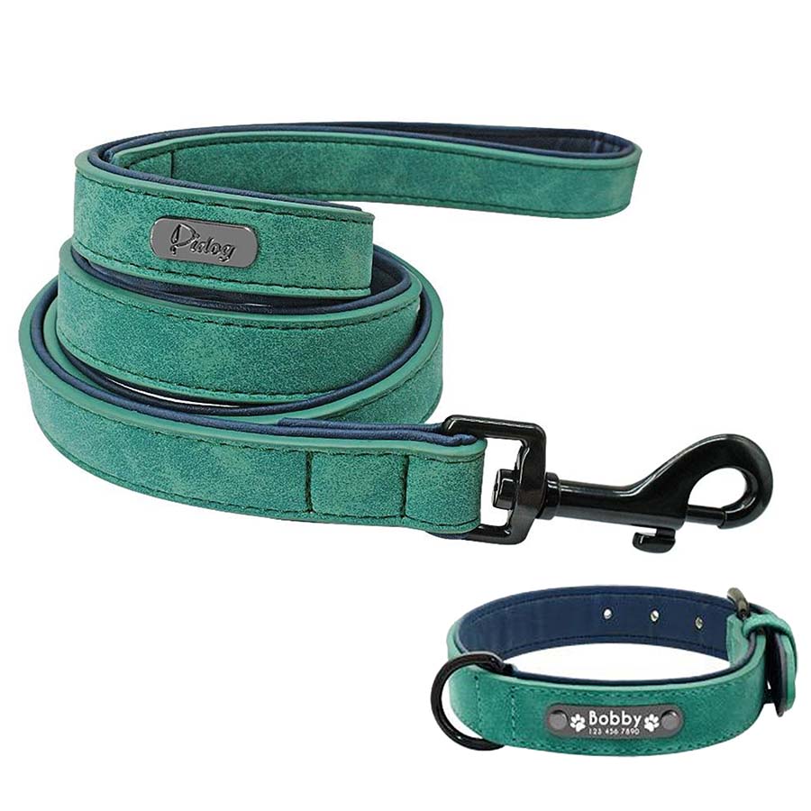 Personalized Leather Dog Collar and Leash Set available in Seafoam Green from online dog clothing store they made me wear it. Customize the collar with your dog's name and contact number.