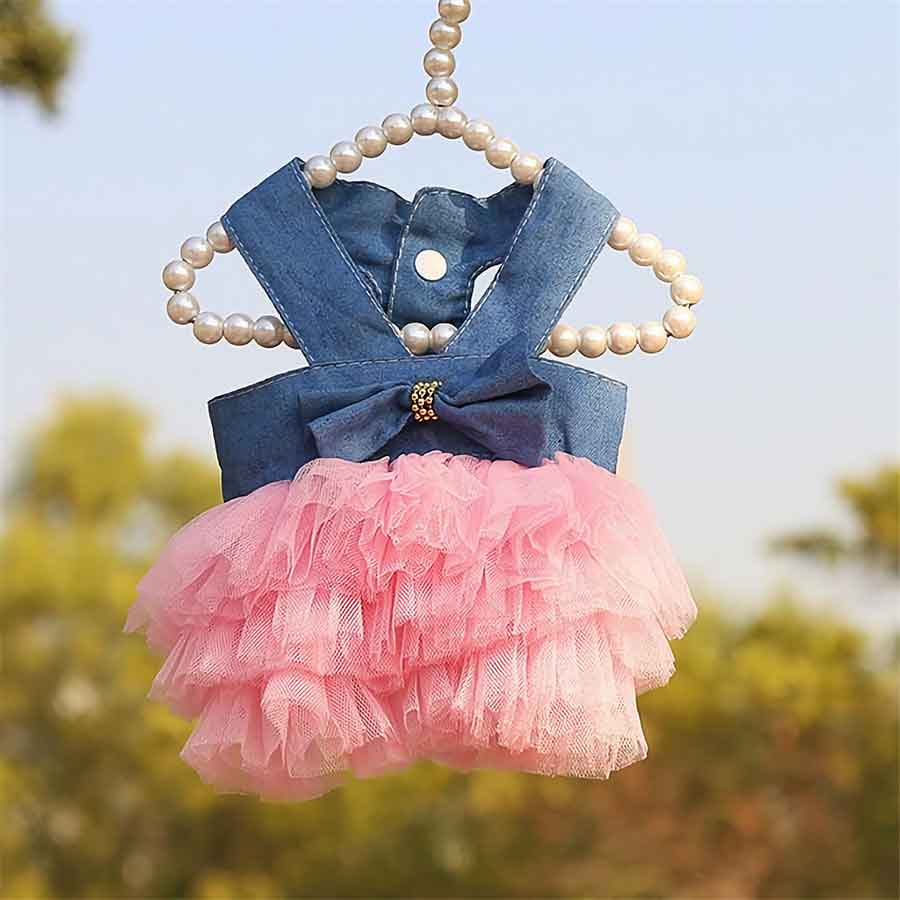 Princess Tulle Lace Dog Dress available in Pink Jean Tutu from online dog clothing store they made me wear it.