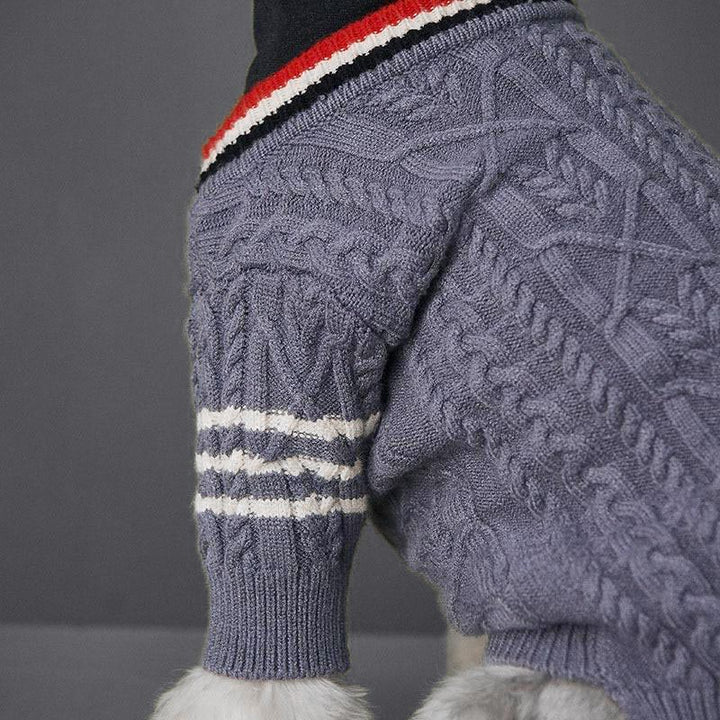 Detail shot of the Preppy Cable-Knit Dog Cardigan in Charcoal from online dog clothing store they made me wear it.