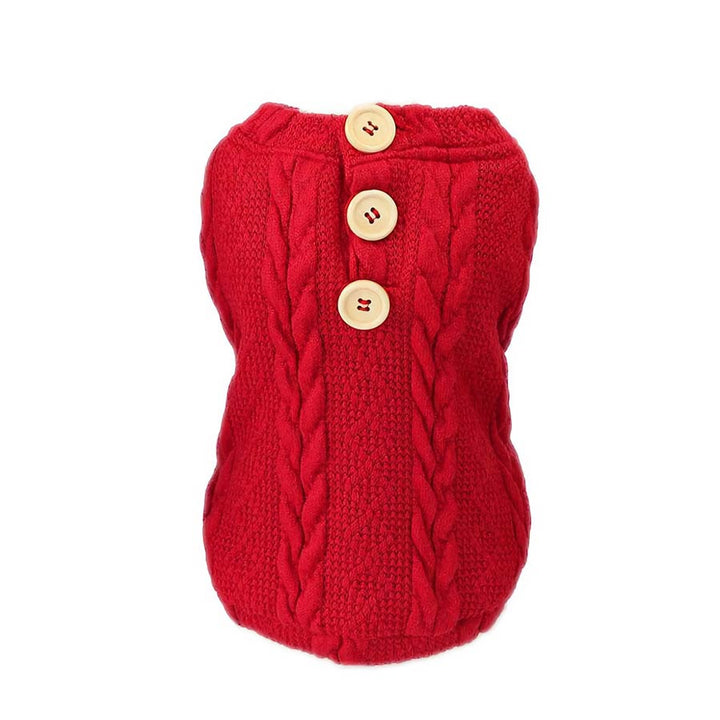 Ruby Cable Knit Button Me Up Dog Sweater with big buttons front view from online posh puppy boutique they made me wear it.