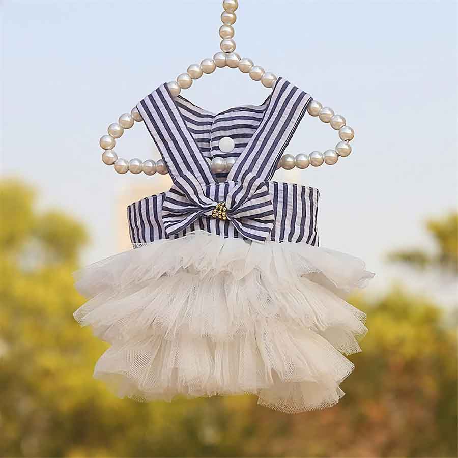 Princess Tulle Lace Dog Dress available in Sailor Pinstripe Tutu from online dog clothing store they made me wear it.