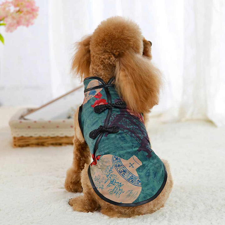 Toy Poodle wearing the Jade Traditional Qipao Chinese Cheongsam Dog Dress, back view, from online posh puppy boutique they made me wear it. The perfect dog dress or traditional costume for a Toy Poodle, Yorkshire Terrier, Chihuahua, Havanese and other small dog breeds.