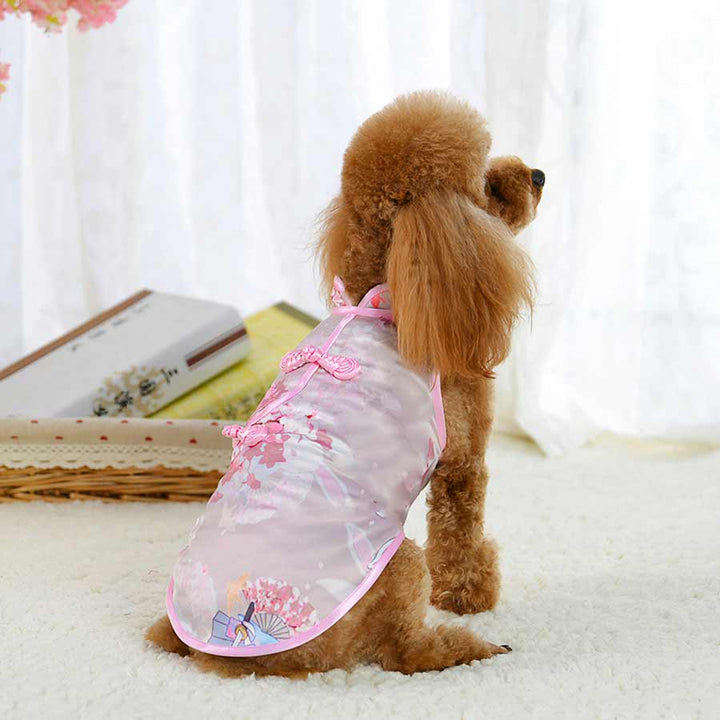 Toy Poodle wearing the Orchid Traditional Qipao Chinese Cheongsam Dog Dress, back view, from online posh puppy boutique they made me wear it. The perfect dog dress or traditional costume for a Toy Poodle, Yorkshire Terrier, Chihuahua, Havanese and other small dog breeds.